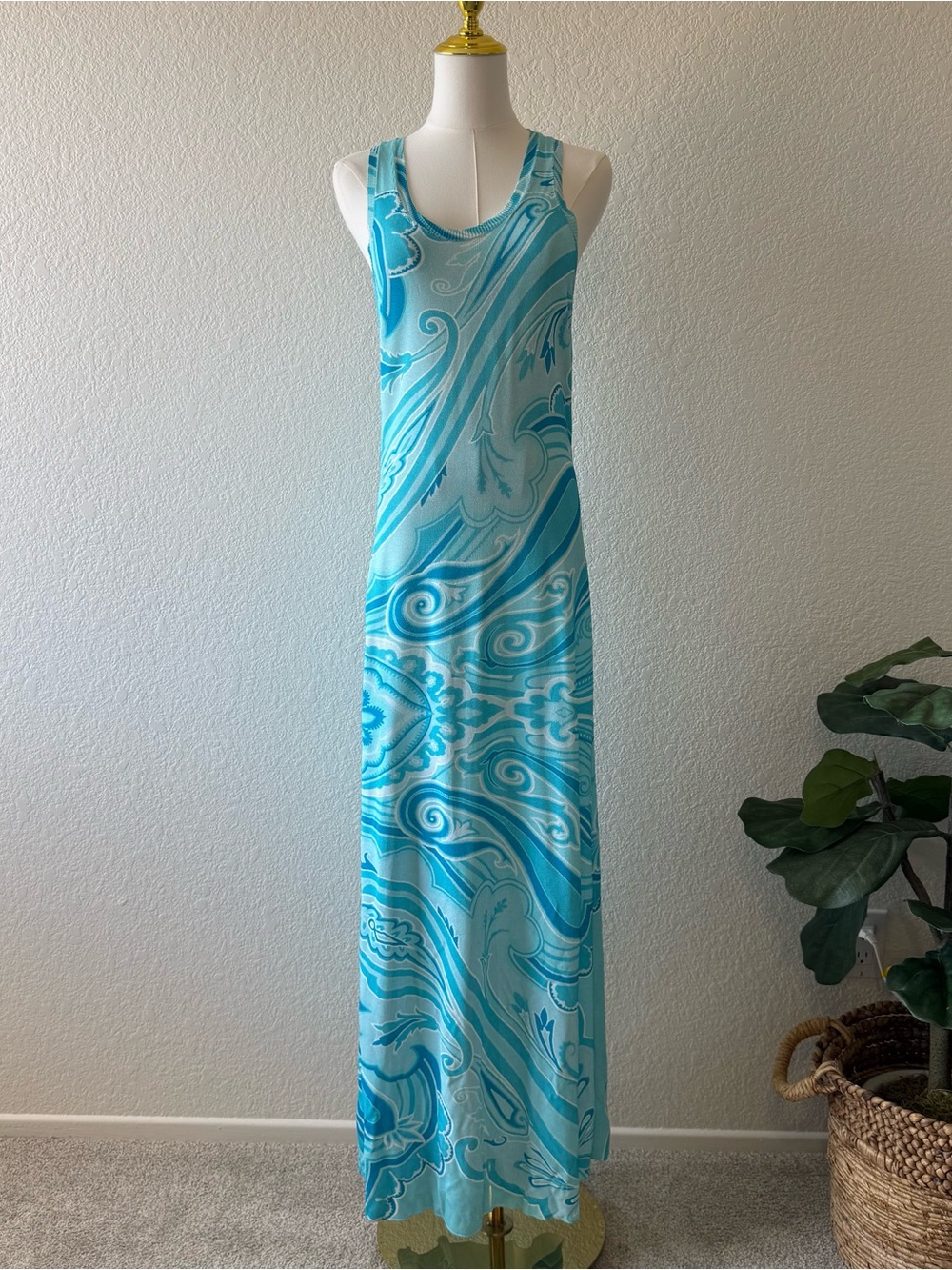 $1990 Etro Women's Blue Knit Racerback Paisley Wave Tank Dress Size 44 Medium